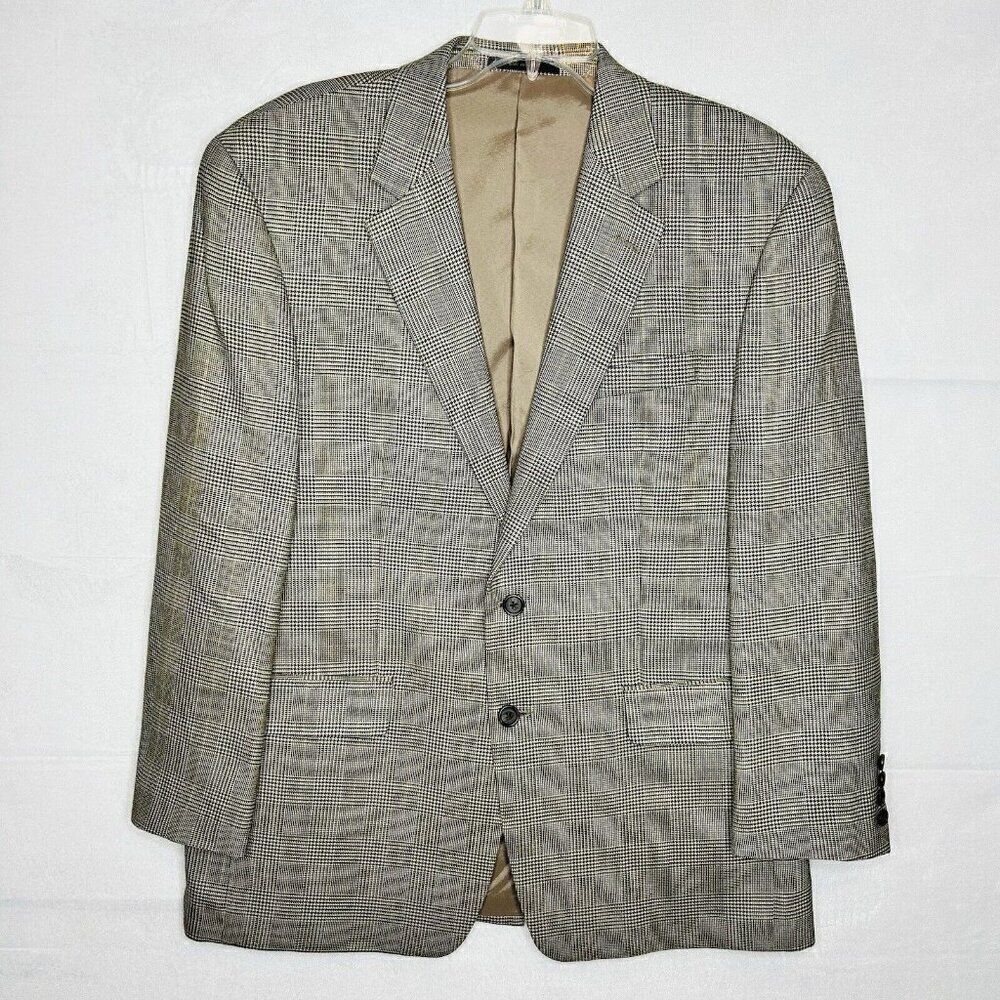 Lauren Ralph Lauren 2-Button Silk Wool Suit 42R Houndstooth Plaid Tan